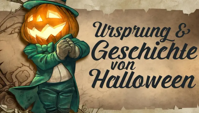 Gruseliger Kürbis-Mann im grünen Anzug, der die Geschichte von Halloween erzählt. Ursprung des Festes liegt in Irland.