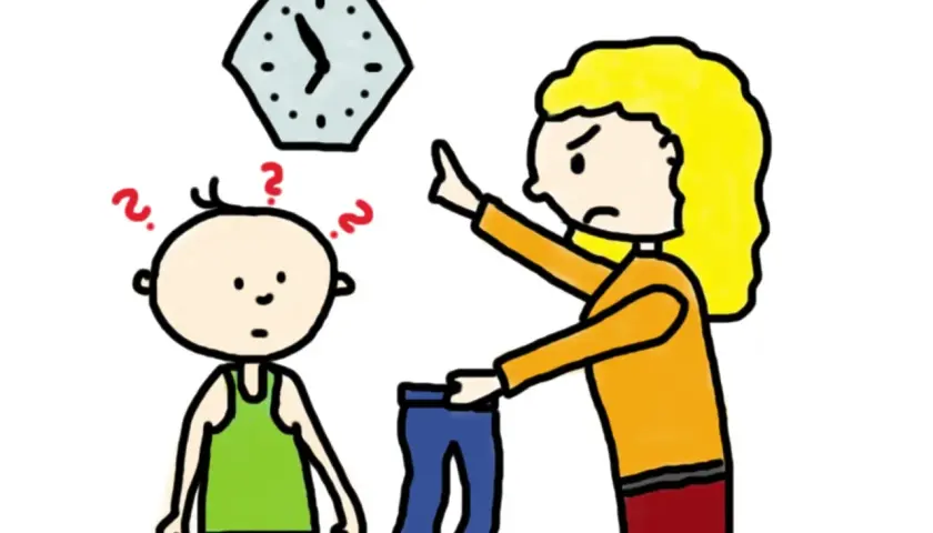 Ein Kind mit Fragezeichen über dem Kopf schaut verwirrt, während eine Frau ihm eine Hose zeigt und auf eine Uhr deutet. Sinnvolle strafarbeiten beispiele.