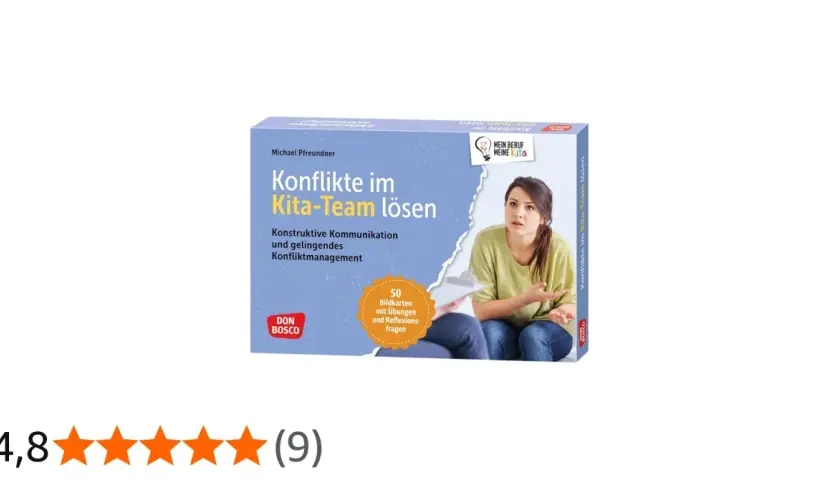 Buchcover: Konflikte im Kita-Team lösen. Eine Frau gestikuliert besorgt, während sie mit einer Kollegin spricht. Hilft bei schlechter Stimmung im Team Kindergarten.