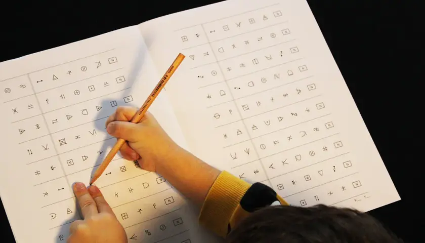 Kind löst einen dyskalkulie test mit Symbolen. Ein Bleistift zeigt auf ein Symbol auf dem Blatt.