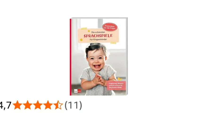 Buchcover mit lachendem Baby und dem Titel "Die schönsten Sprachspiele für Krippenkinder". Ideal für Fingerspiele im Kindergarten.