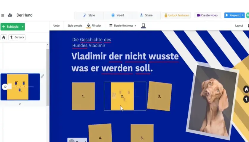 Ein digitales Plakat erstellen: Die Geschichte von Hund Vladimir, der nicht wusste, was er werden soll. Der Entwurf zeigt Text und Bilder.