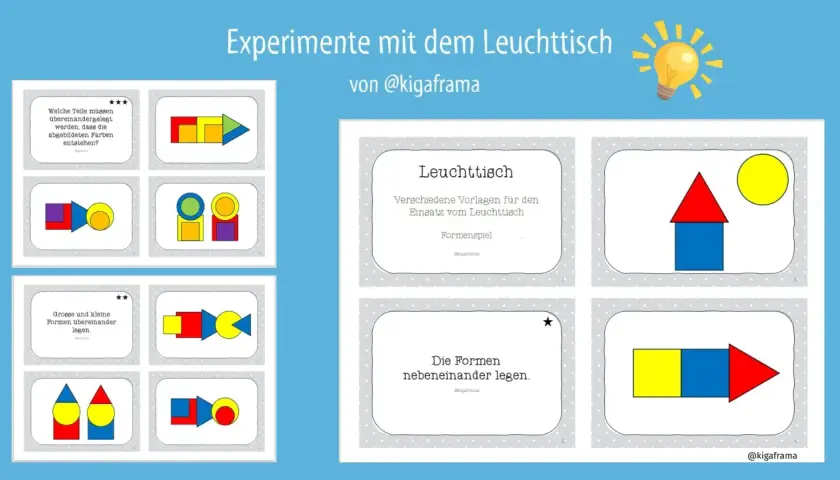 Kostenloses Material Kita: Leuchttisch-Vorlagen für Formenspiele. Kinder legen bunte Formen übereinander oder nebeneinander.