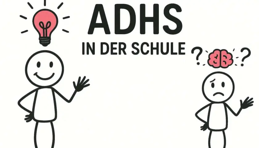 Zwei Strichmännchen, eins mit Glühbirne, das andere mit Gehirn und Fragezeichen. Text: "ADHS IN DER SCHULE". Verschiedene ADHS-Typen werden angedeutet.