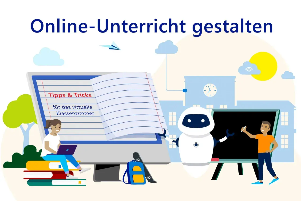 Ein Roboter und ein Schüler gestalten **online unterricht**. Tipps für das virtuelle Klassenzimmer.