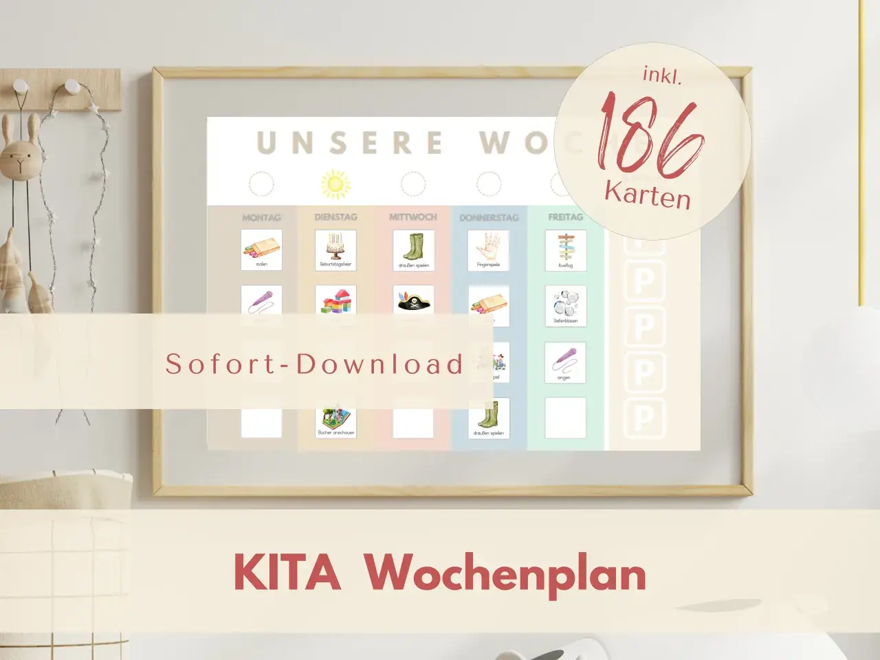 Ein Beispiel für eine Kita Wochenplanung mit vielen Karten zum Malen, Spielen und Ausflügen.
