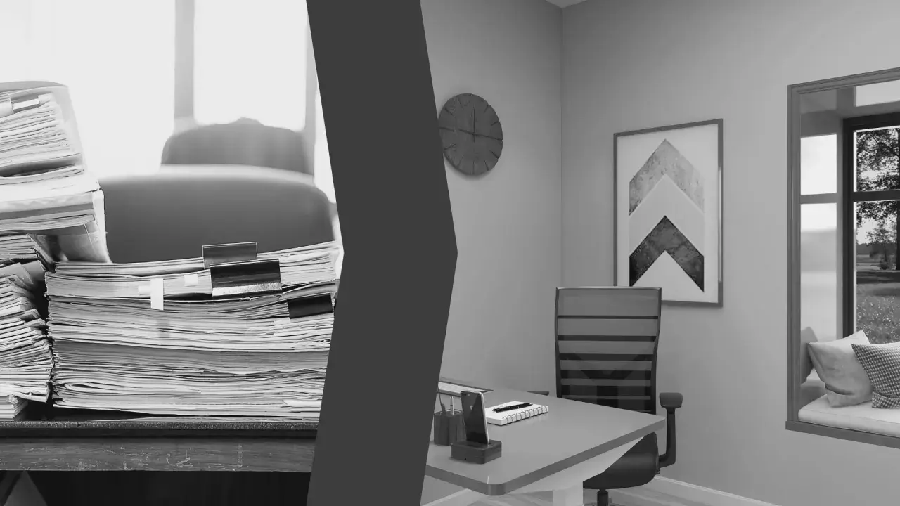 Ein überladenes Schreibtisch-Chaos trifft auf ein aufgeräumtes Arbeitszimmer Lehrer. Stapel von Akten und Ordnern links, ein moderner Schreibtisch mit Uhr und Bild rechts.