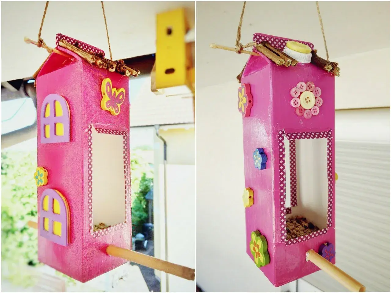 Selbstgebaute Vogelfutterstation aus Milchkarton, dekoriert mit Knöpfen und Holzblumen. Ein tolles Projekt zum vogelfutterstation selber bauen mit kindern.