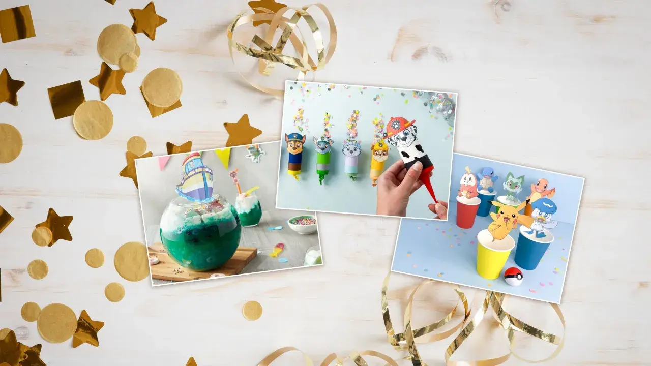 Bilder zeigen Ideen für Silvester basteln mit Kindern: Paw Patrol Figuren, Pokémon und ein Schiff-Cocktail.