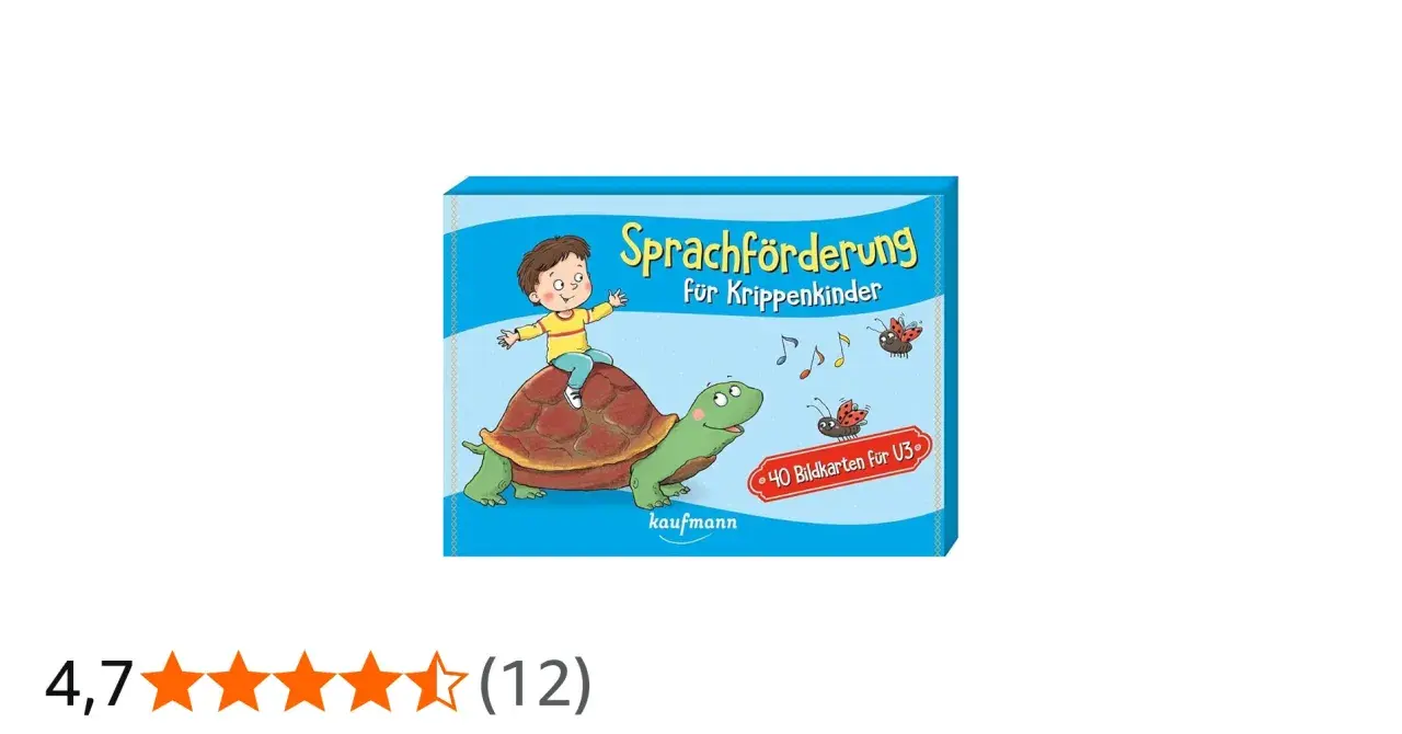 Ein Junge reitet auf einer Schildkröte, umgeben von Marienkäfern und Noten. Das Cover "Sprachförderung für Krippenkinder" verspricht spielerische Lerninhalte, ideal für Fingerspiele.