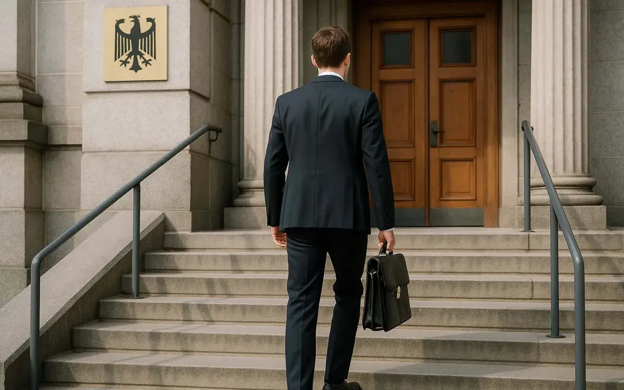 Mann in Anzug steigt Treppen zu einem Gebäude mit Bundesadler-Emblem. Ein Schritt in Richtung Verbeamtung als Lehrer.