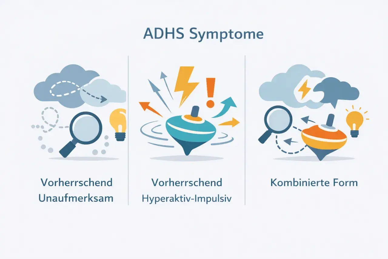 Grafik zeigt drei Formen von ADHS bei Erwachsenen: Unaufmerksam, Hyperaktiv-Impulsiv und Kombiniert.