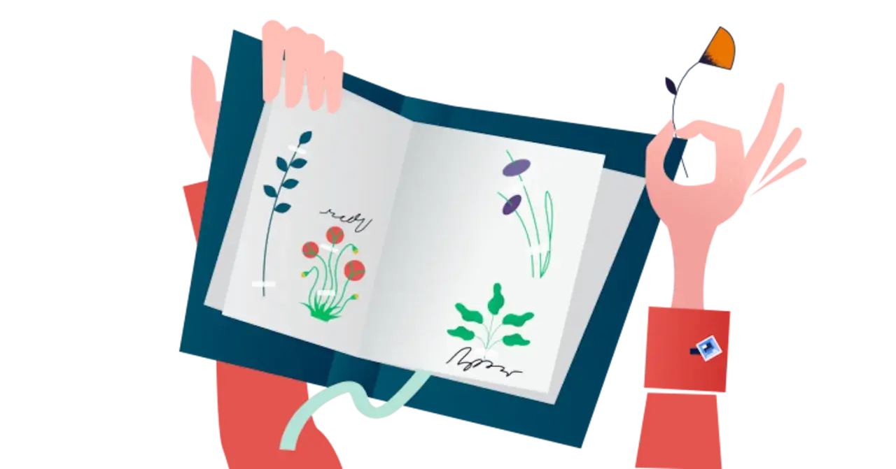 Deckblatt Herbarium Klasse 6: Hände halten ein offenes Buch mit gezeichneten Pflanzen. Eine Hand hält eine Blume, die andere zeigt auf das Herbarium.