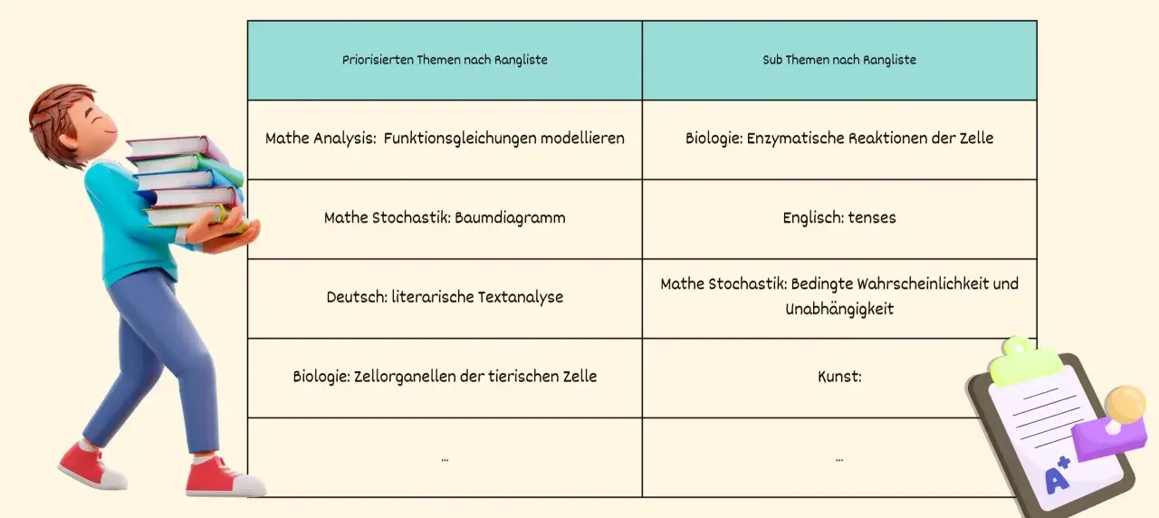 Ein Junge trägt Bücher, während eine Tabelle hilft, einen Lernplan zu erstellen. Themen wie Mathe, Biologie und Deutsch sind aufgeführt.