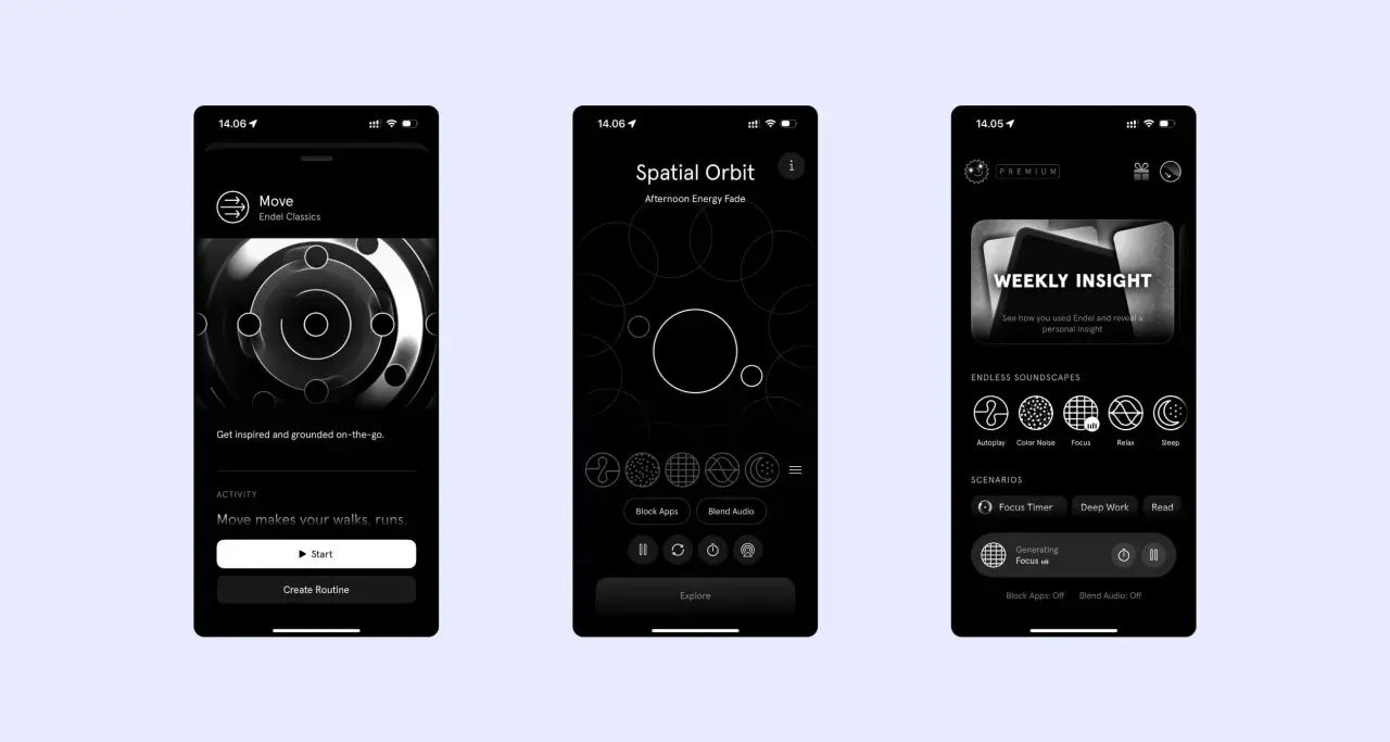 Drei Smartphone-Bildschirme zeigen die Endel-App, die mit "adhs app" beworben wird. Sie bietet Soundscapes zur Konzentration und Entspannung.