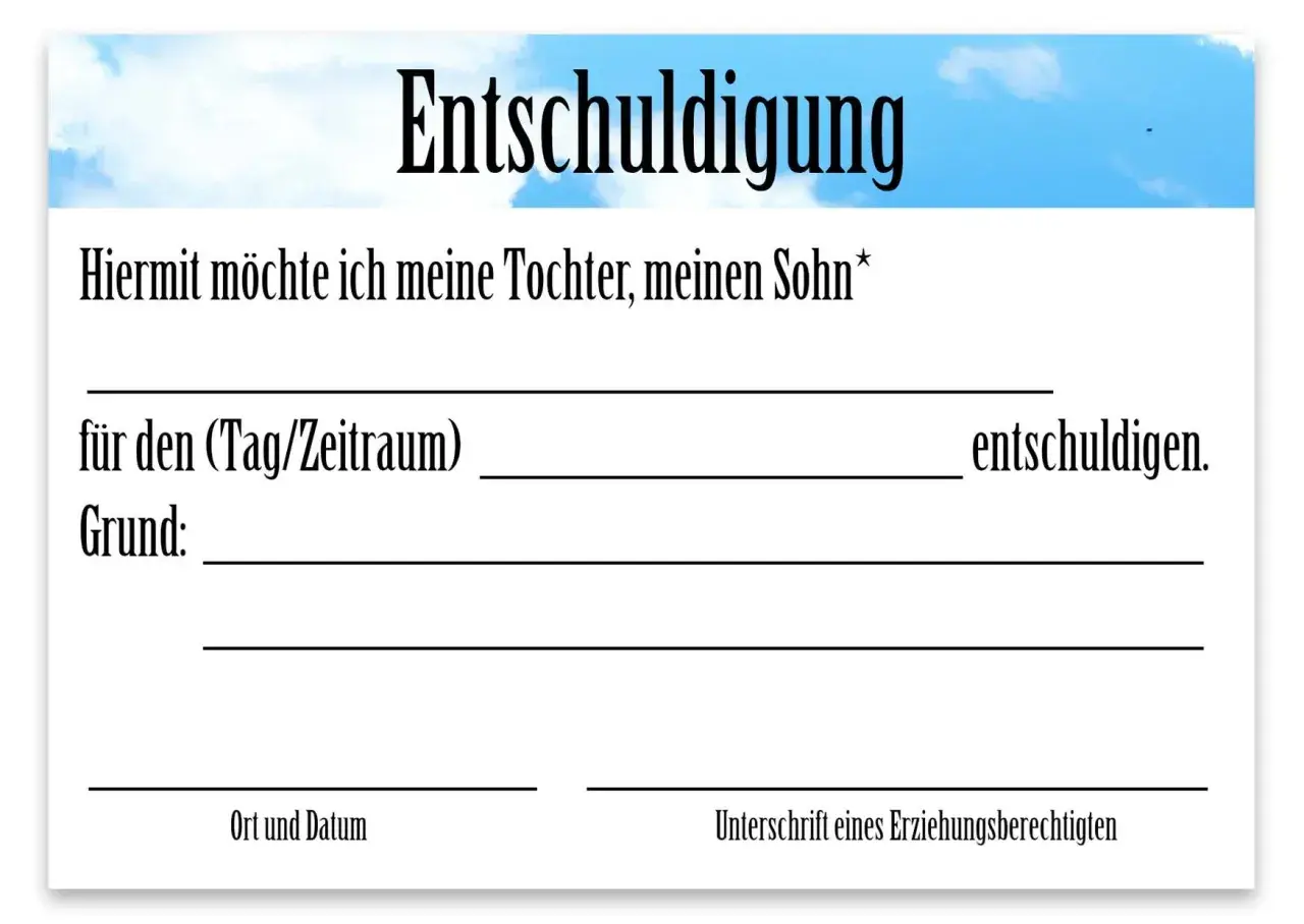 Entschuldigungsformular für die Schule. Hier wird ein Kind für einen bestimmten Zeitraum entschuldigt.