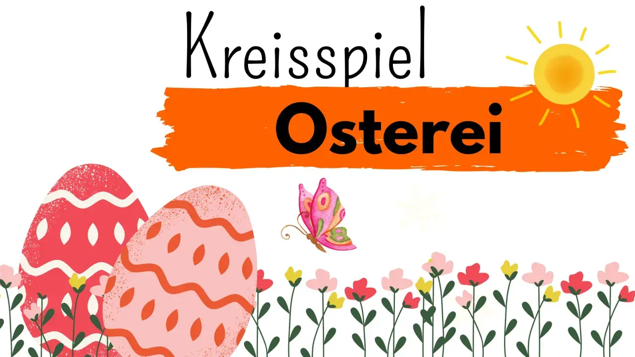 Osterkreisspiel im Kindergarten: Bunte Eier, Schmetterling und Blumen unter der Sonne.