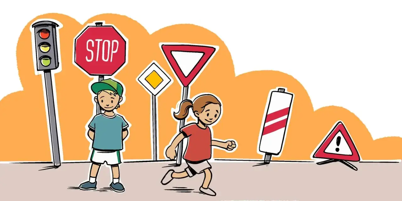 Kinder lernen Verkehrsschilder: Ampel, Stoppschild, Vorfahrt, Warnung. Verkehrserziehung im Kindergarten spielerisch.