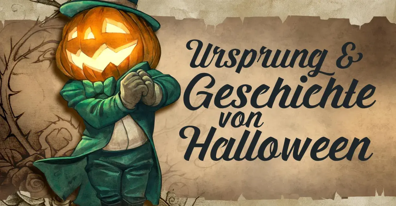Gruseliger Kürbis-Mann im grünen Anzug, der die Geschichte von Halloween erzählt. Ursprung des Festes liegt in Irland.