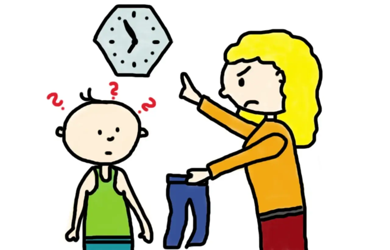 Ein Kind mit Fragezeichen über dem Kopf schaut verwirrt, während eine Frau ihm eine Hose zeigt und auf eine Uhr deutet. Sinnvolle strafarbeiten beispiele.