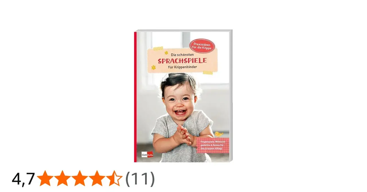 Buchcover mit lachendem Baby und dem Titel "Die schönsten Sprachspiele für Krippenkinder". Ideal für Fingerspiele im Kindergarten.
