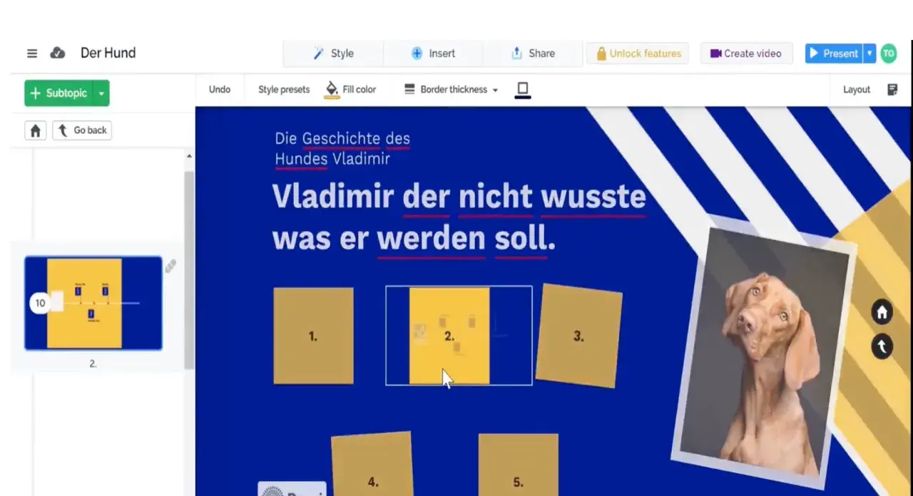 Ein digitales Plakat erstellen: Die Geschichte von Hund Vladimir, der nicht wusste, was er werden soll. Der Entwurf zeigt Text und Bilder.