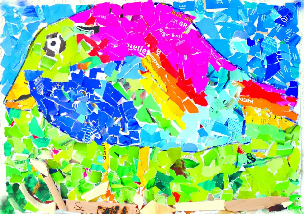 Buntes Vogel-Collagebild, entstanden beim **malen mit Kindern**. Viele zerrissene Papierstücke in leuchtenden Farben ergeben einen fröhlichen Vogel im Grünen.