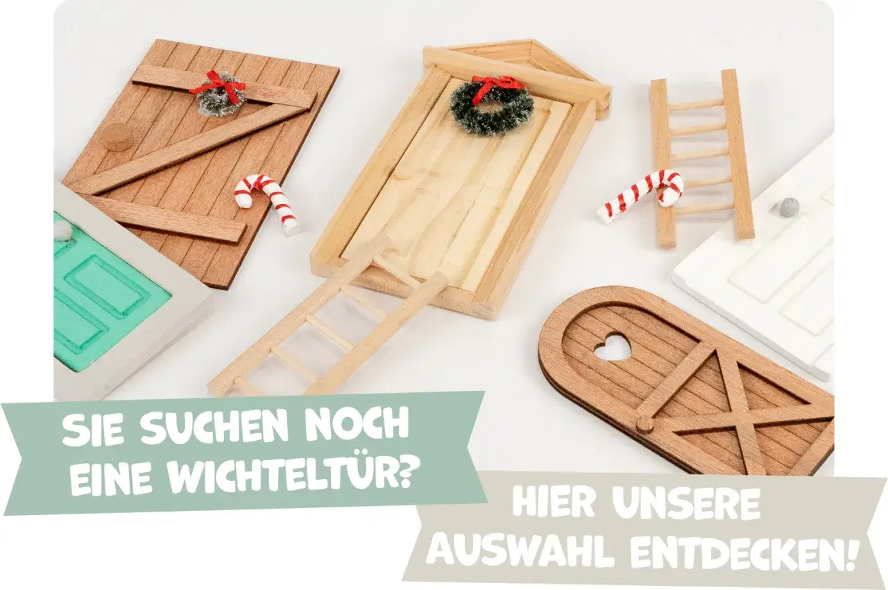 Kleine Holztüren mit Kränzen und Leitern, perfekt für Wichtel-Ideen im Kindergarten. Entdecken Sie unsere Auswahl!