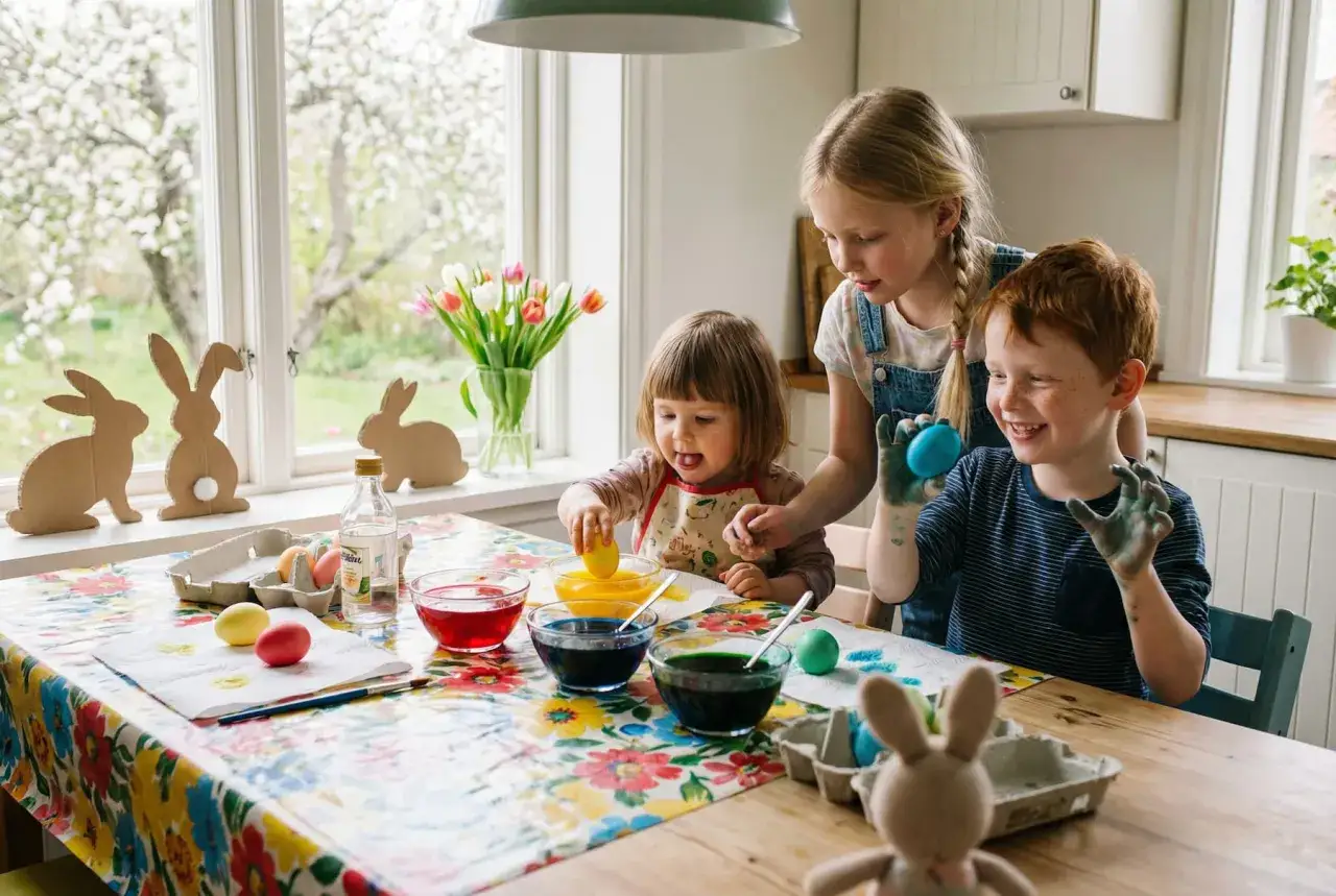 Fröhlicher Morgenkreis im Kindergarten: Kinder malen bunte Ostereier.