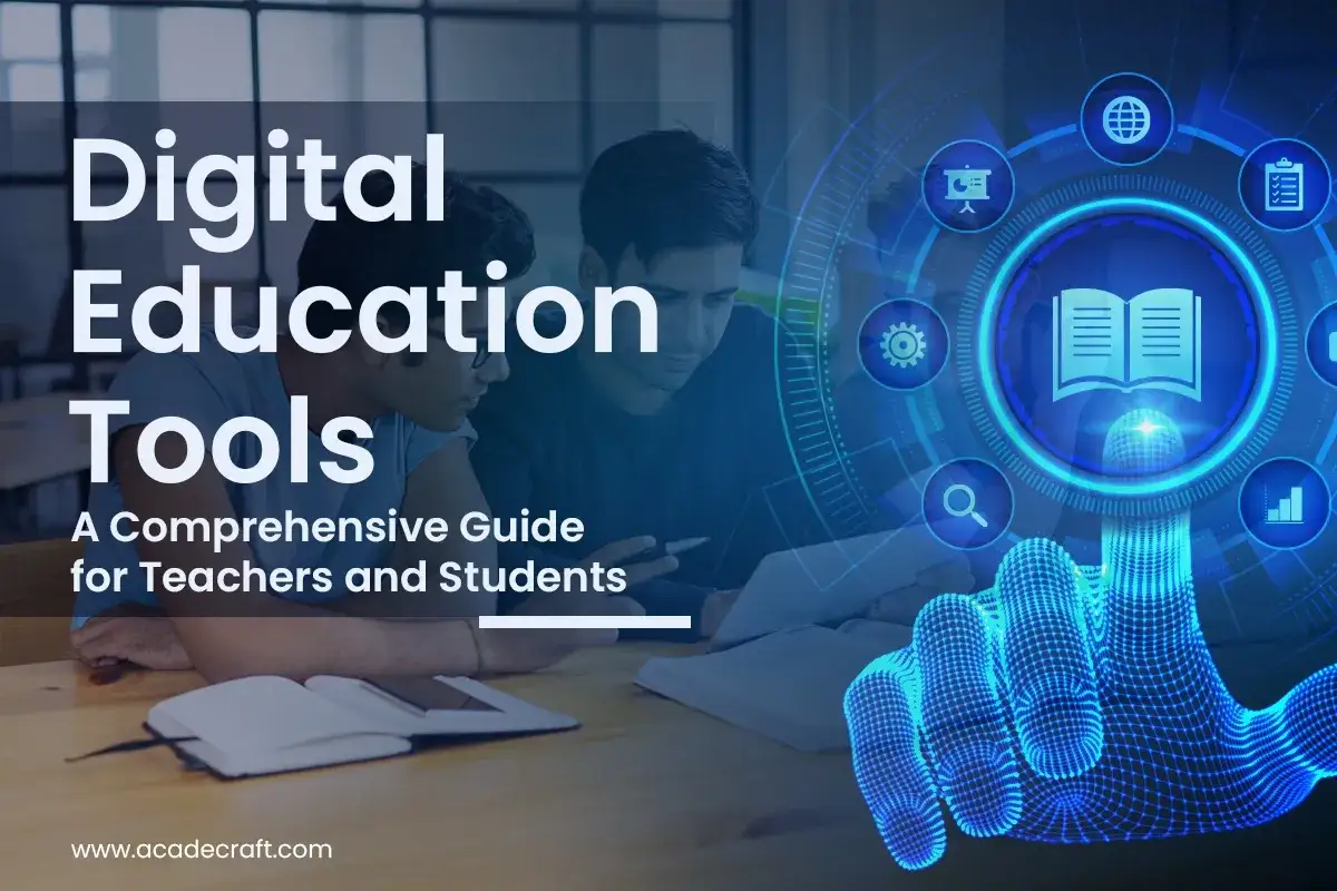 Zwei Sch&uuml;ler lernen mit digitalen Werkzeugen, die zeigen, was sind elektronische Medien. Ein Buch-Symbol steht im Zentrum eines futuristischen Kreises.