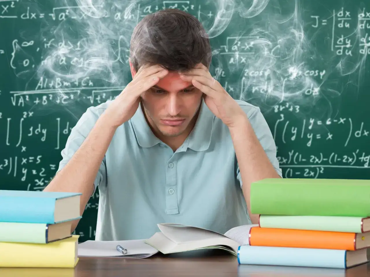 Verzweifelter Student mit H&auml;nden an den Schl&auml;fen vor einer Tafel voller Matheformeln. Der Lehrerberuf pro contra ist hier die Frage.