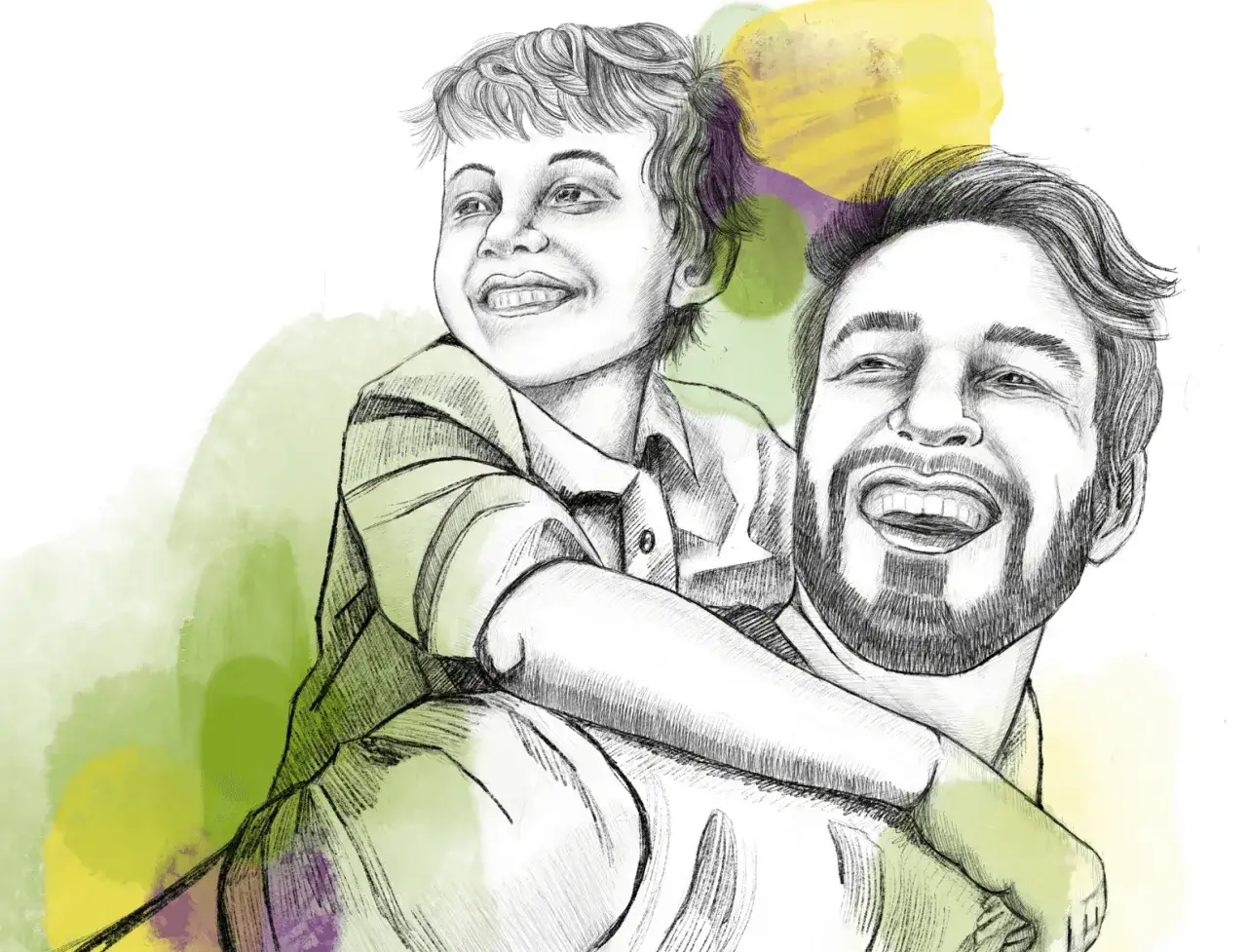Ein Vater tr&auml;gt seinen Sohn auf den Schultern. Der Junge lacht fr&ouml;hlich, als ob er gerade einen ADHS-Test f&uuml;r Kinder ab 6 Jahren bestanden h&auml;tte.