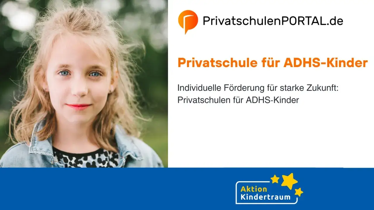 Ein M&auml;dchen mit blonden Haaren und blauen Augen l&auml;chelt. Die Seite wirbt f&uuml;r Privatschulen f&uuml;r ADHS-Kinder, die Eltern mit ADHS unterst&uuml;tzen.