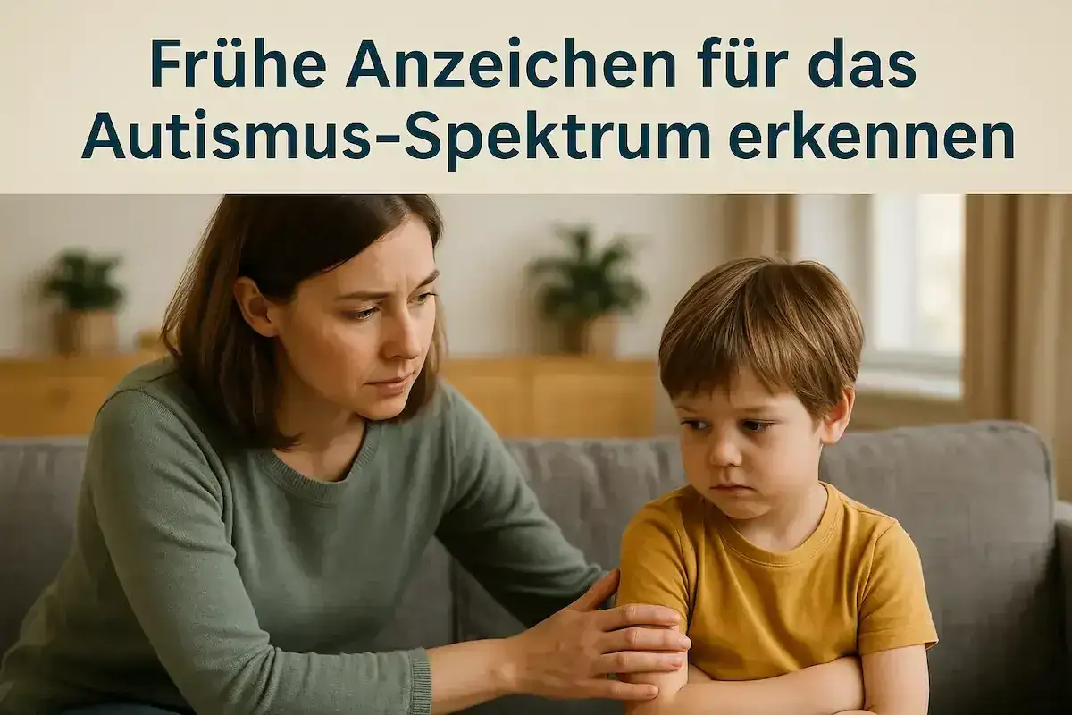 Besorgte Mutter tröstet ihren Sohn, der Anzeichen von Autismus-Spektrum-Störung zeigen könnte. Frühe Erkennung ist wichtig.