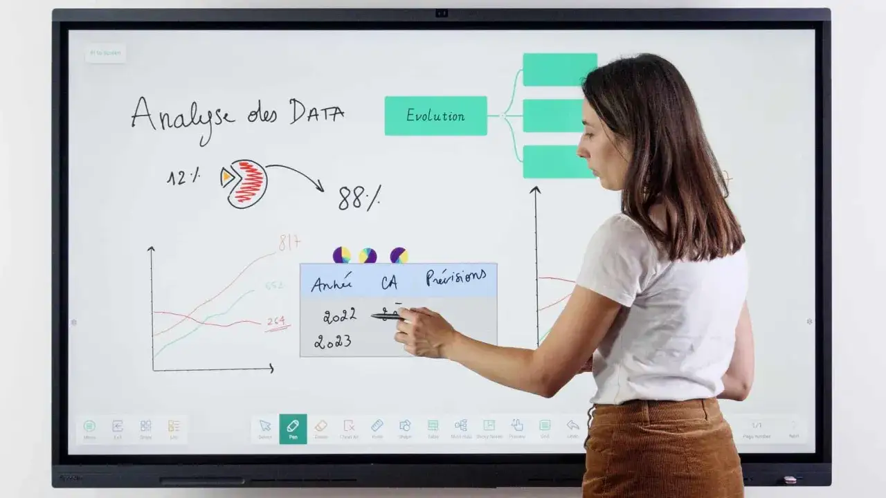 Eine Frau erklärt auf einem interaktiven Whiteboard 