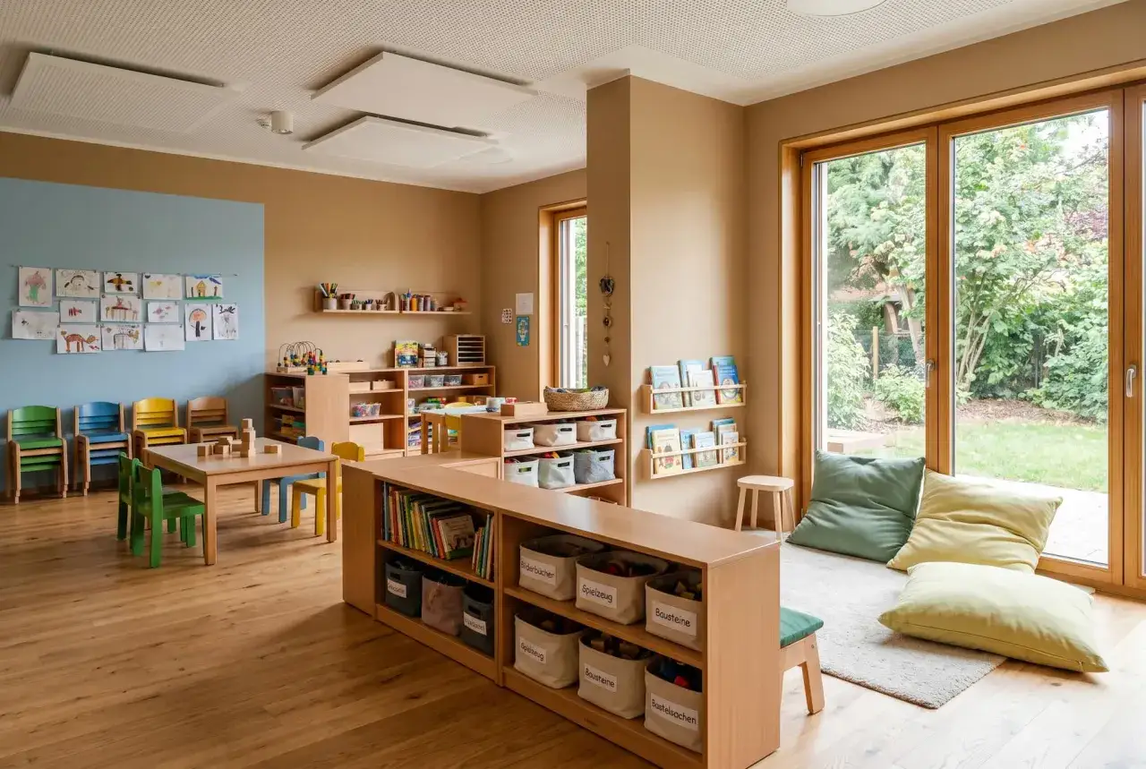 Ein heller, freundlicher Gruppenraum mit vielen Ideen zur Raumgestaltung f&uuml;r eine Kita. Kinderzeichnungen an der Wand, niedrige Tische und Regale voller Spielzeug und B&uuml;cher.