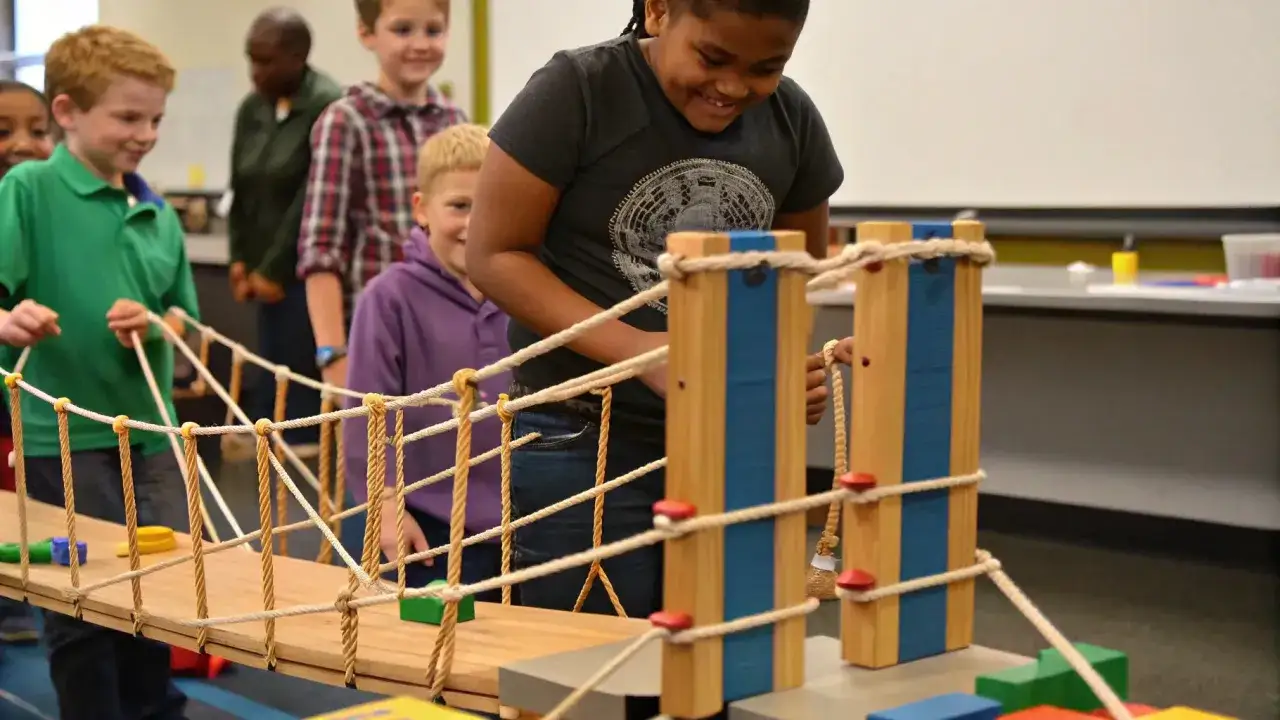 Kinder bauen und konstruieren eine Hängebrücke. Sie lernen spielerisch, wie man Brücken baut, eine tolle Erfahrung für die Grundschule.