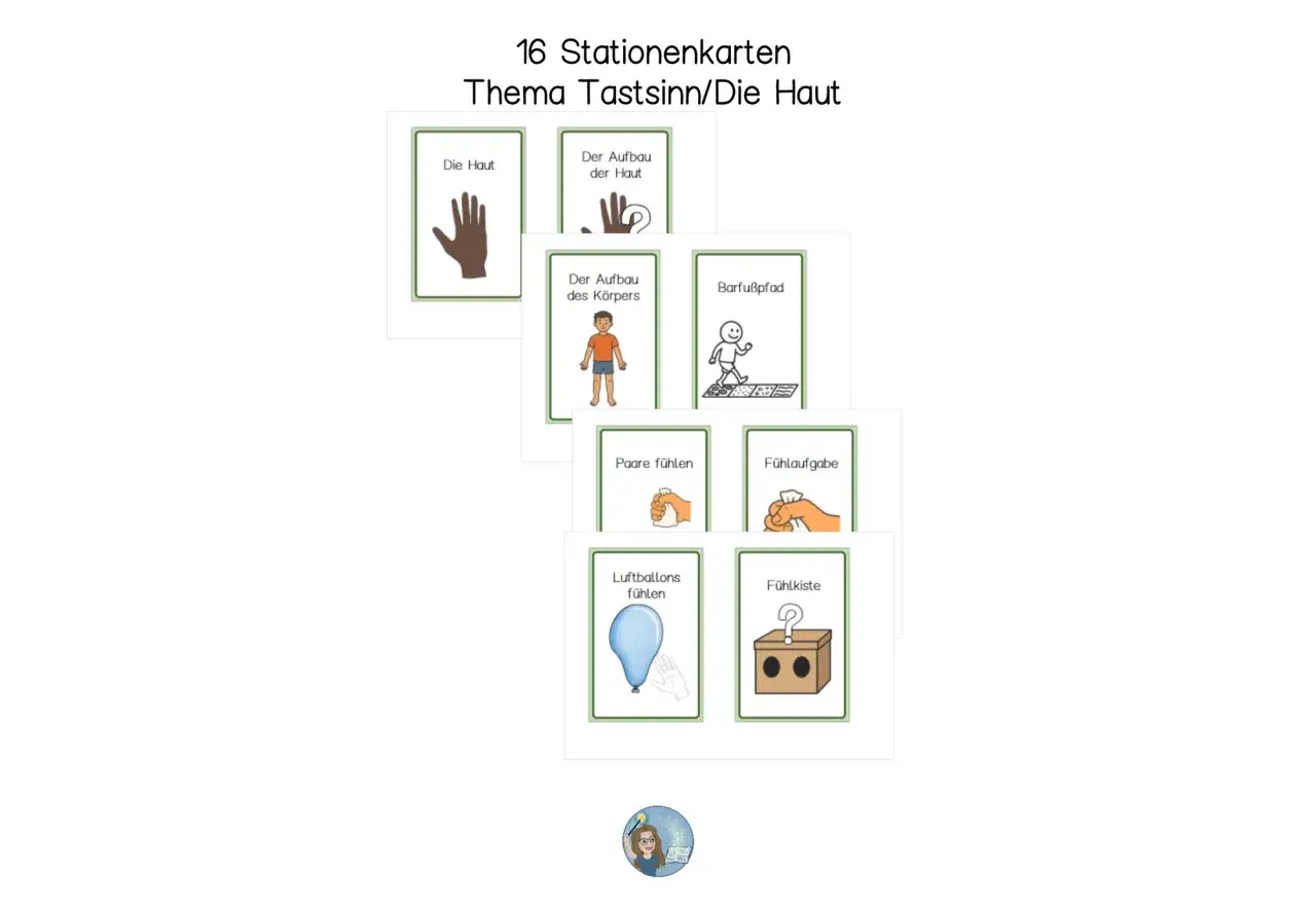 Stationenkarten zum Thema Haut und Tastsinn: H&auml;nde, K&ouml;rper, Barfu&szlig;pfad, Luftballons und F&uuml;hlkiste f&ouml;rdern die taktile Wahrnehmung.