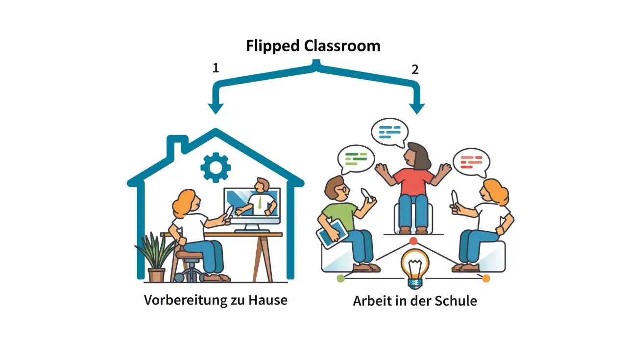 Flipped Classroom: Vorbereitung zu Hause am Computer, Arbeit in der Schule mit Diskussionen.