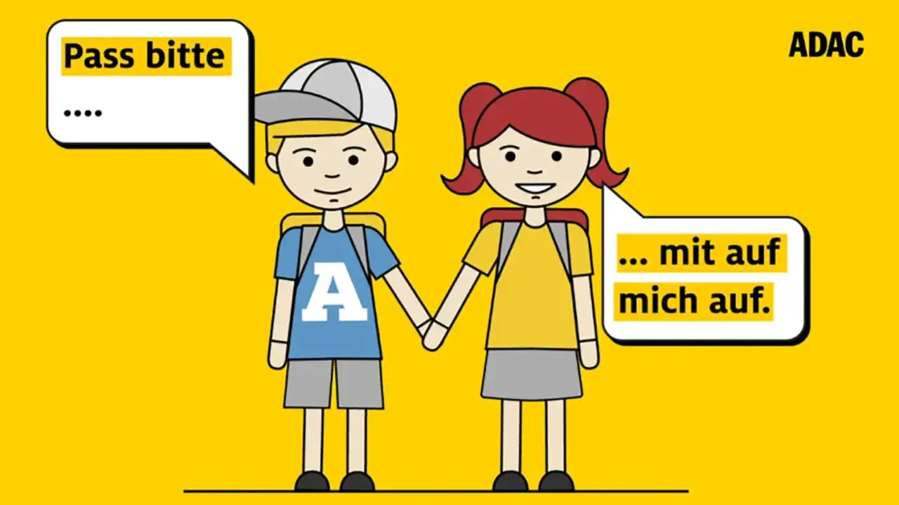 Zwei Kinder halten H&auml;ndchen am ersten Schultag. Der Junge sagt: 