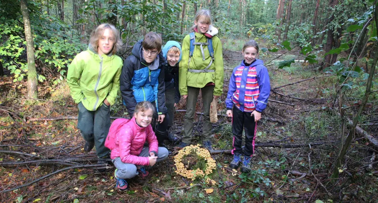 Kinder entdecken Pilze im Wald. Tolle Ideen f&uuml;r einen Wandertag in der Schule!
