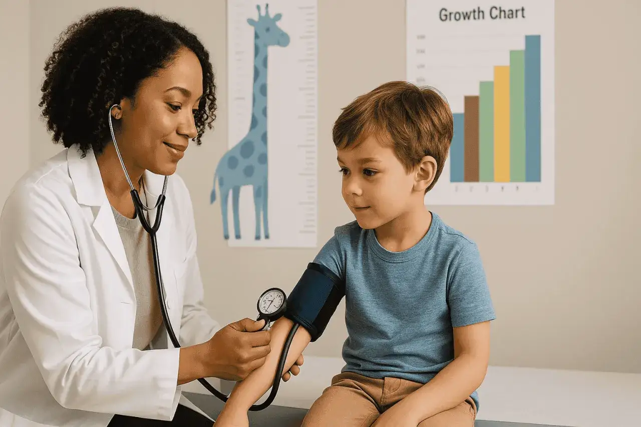 Arzt misst Blutdruck bei Kind. M&ouml;gliche Ritalin Nebenwirkungen bei Kindern werden besprochen.