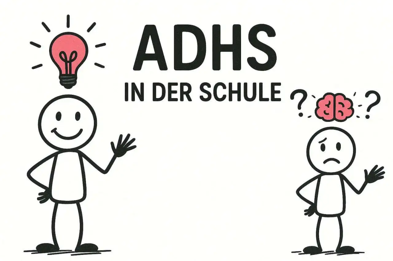Zwei Strichm&auml;nnchen, eins mit Gl&uuml;hbirne, das andere mit Fragezeichen und Gehirn. Text: ADHS in der Schule.