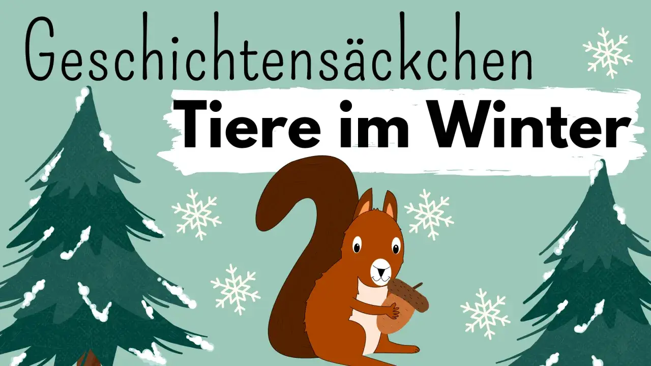 Ein Eichhörnchen hält eine Eichel vor verschneiten Tannenbäumen. Der Titel