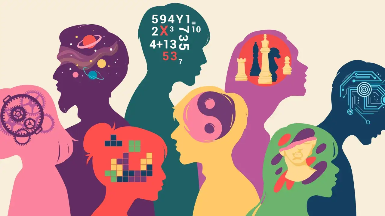 Bunte Silhouetten von K&ouml;pfen, die unterschiedliche Gedankenwelten zeigen: Universum, Zahlenchaos, Schach, Yin & Yang. Vielleicht hat mein Kind ADHS und denkt so vielf&auml;ltig.