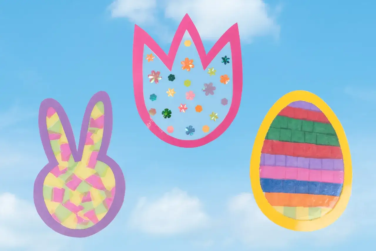 Bunte Osterdeko f&uuml;r Fenster: Hase, Tulpe und Ei aus Papier und Folie. Perfekt zum Ostern basteln!