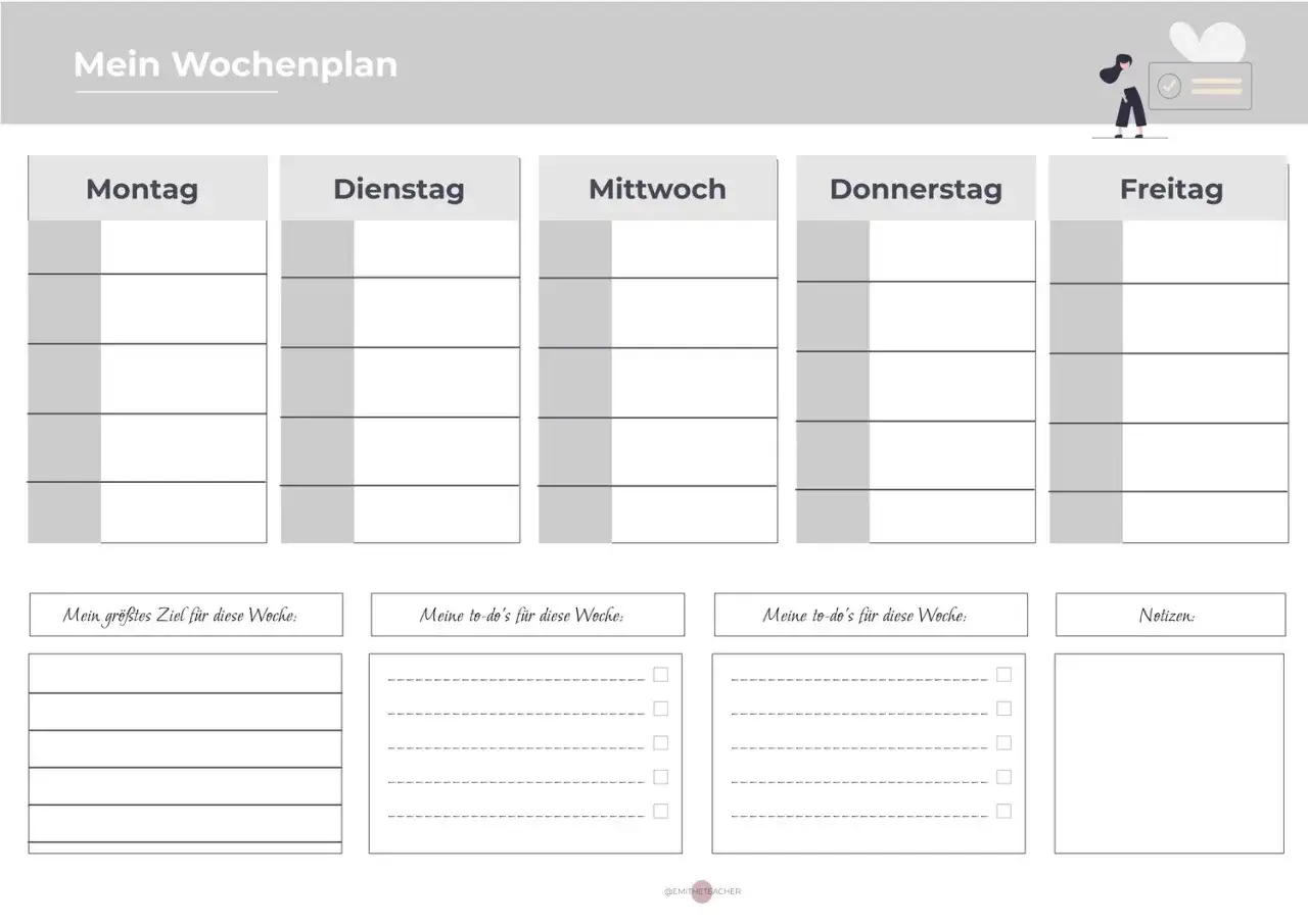 Wochenplan für strukturiertes Lernen am Gymnasium. Mit Feldern für jeden Tag, Zielen, To-dos und Notizen.